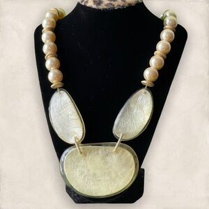 Lucite Discs Pearls Sterling Silver Statement Necklace